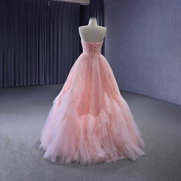 High End Pink Perlenstickerei Pailletten Rüschen Ballkleider 2023 A Linie Bandeau Ärmellos Rückenfreies Lange Ball Festliche Kleider