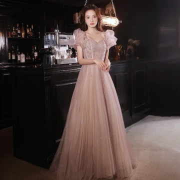 Chic Beautiful Blushing Pink Beading Sequins Prom Dresses 2022 A Line Princess Square Neckline Short Sleeve Backless Floor Length Long Formal Dresses