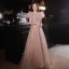 Chic / Beautiful Blushing Pink Beading Sequins Prom Dresses 2022 A-Line / Princess Square Neckline Short Sleeve Backless Floor-Length / Long Formal Dresses