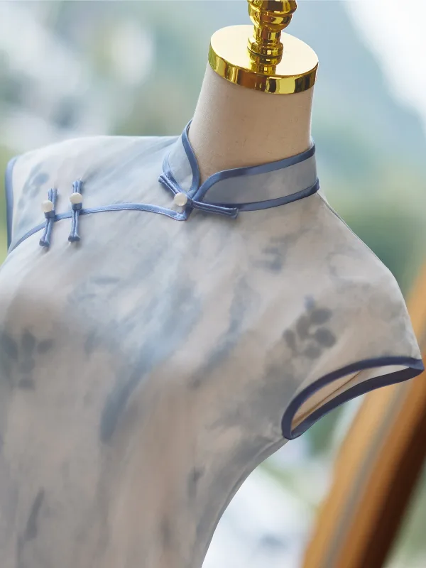 Classy Chinese style Sky Blue Summer Cheongsam 2024 Trumpet / Mermaid High Neck Sleeveless Tea-length