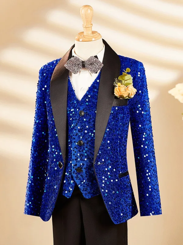 Sparkly Royal Blue Sequins Fall Winter Long Sleeve 6-piece Boys Wedding Suits 2025 Body Jewellery Coat Pants Shirt Tie Vest
