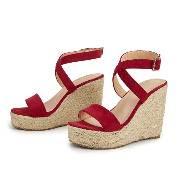 Schöne Schwarz Strassenmode Flechten Sandalen Damen 2022 Knöchelriemen 11 cm Keilabsatz Peeptoes Sandaletten