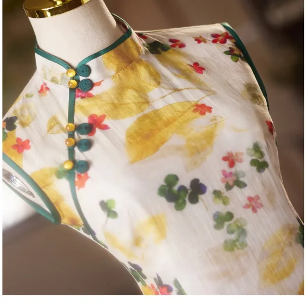 Chinese style Yellow Printing Tea-length Prom Split Front Cheongsam 2024 Trumpet / Mermaid High Neck Sleeveless