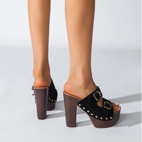 Chic / Beautiful Black Summer Street Wear Suede Womens Sandals 2022 12 cm Thick Heels Open / Peep Toe Sandals