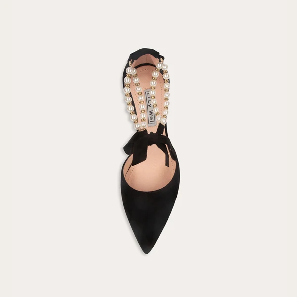 Modern / Fashion Black Evening Party Womens Sandals 2022 Leather Pearl Bow Ankle Strap 10 cm Stiletto Heels Pointed Toe Womens Shoes High Heels