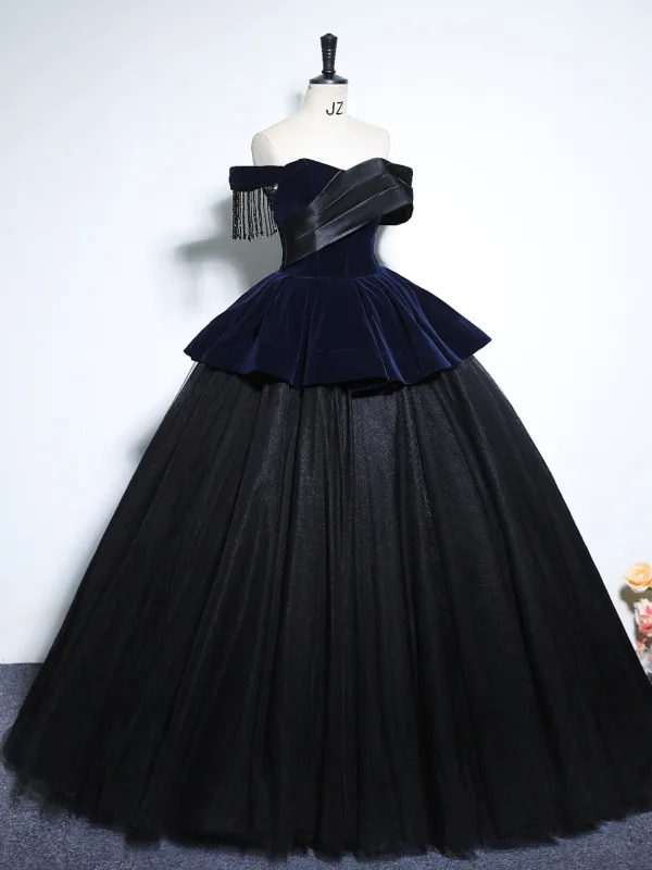 Vintage / Retro Navy Blue Beading Tassel Velvet Prom Dresses 2025 Ball Gown Off-The-Shoulder Short Sleeve Backless Floor-Length / Long Prom Formal Dresses
