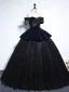 Vintage / Retro Navy Blue Beading Tassel Velvet Prom Dresses 2025 Ball Gown Off-The-Shoulder Short Sleeve Backless Floor-Length / Long Prom Formal Dresses