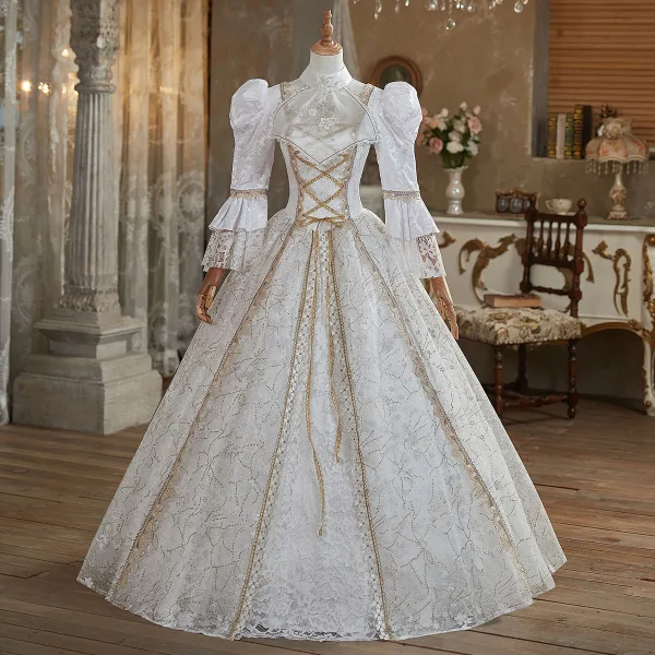 Medieval White Beading Sequins Lace Flower Prom Dresses 2024 Ball Gown High Neck Bell