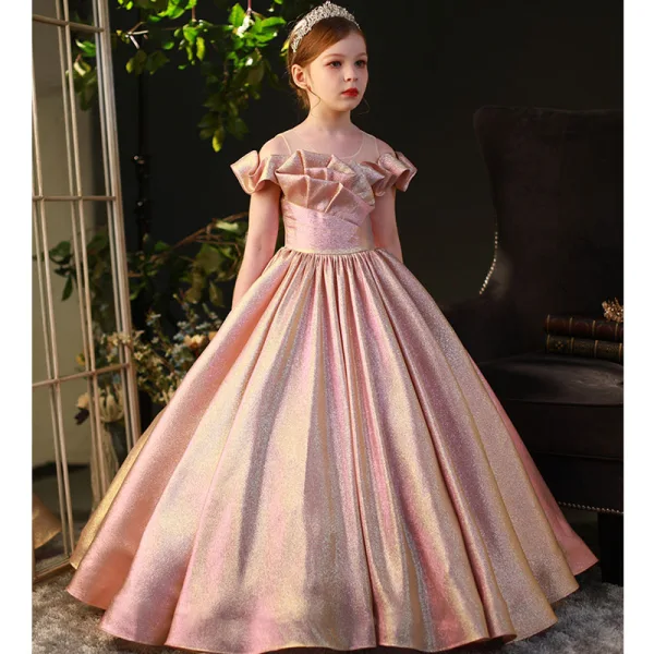 Elegant Candy Pink Sequins Flower Girl Dresses Prom 2022 Ball Gown Scoop Neck Short Sleeve Bow Floor-Length / Long Flower Girl Dresses