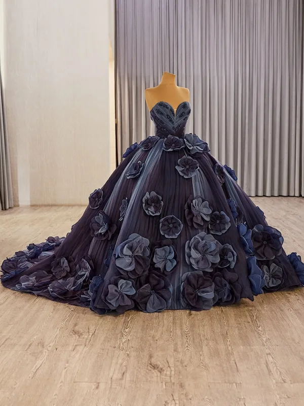 Luxury / Gorgeous High-end Navy Blue Beading Pearl Sequins Appliques Prom Dresses 2025 Ball Gown Sleeveless Backless Strapless Chapel Train Prom