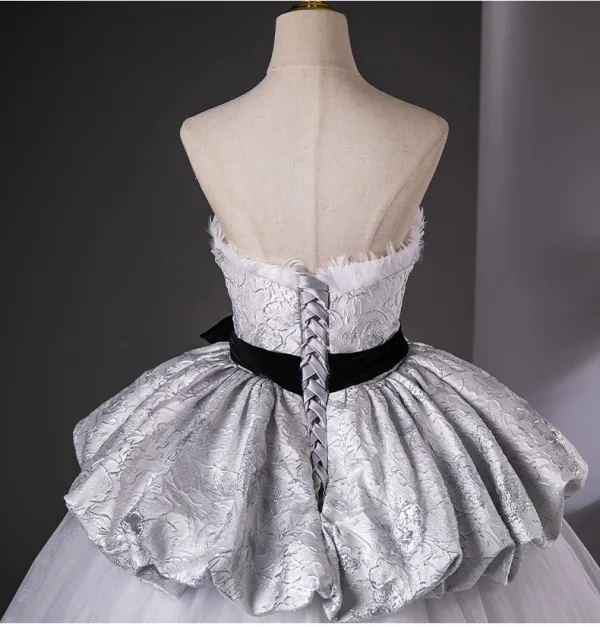 Elegant Grey Bow Sash Printing Prom Dresses 2025 Ball Gown Strapless Sleeveless Backless Floor-Length / Long Prom Formal Dresses