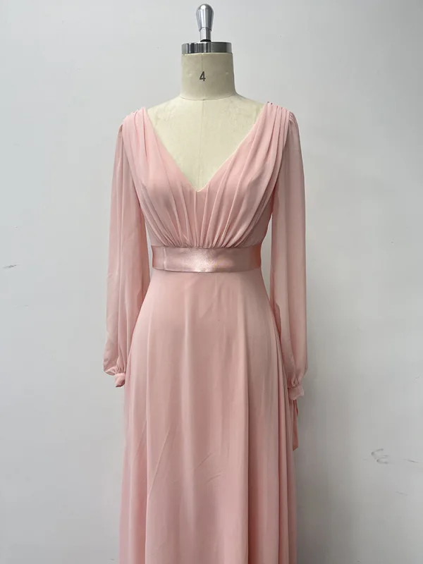 Simple Rougissant Rose Chiffon Robe De Bal 2024 Princesse V-Cou Manches Longues Dos Nu Longue Promo Robe De Ceremonie