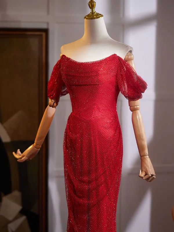 Unusual Red Evening Dresses 2025 Trumpet / Mermaid Off-The-Shoulder Short Sleeve Backless Court Train Evening Party Formal Dresses