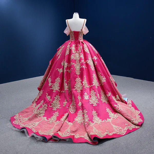 Fancy Fuchsia Multi-Colors Prom Dresses 2022 Ball Gown Spaghetti Straps Sleeveless Backless Beading Lace Flower Sequins Satin Chapel Train Formal Dresses