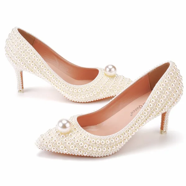 Elegant Beige Pearl Wedding Shoes 2023 7 cm Stiletto Heels Pointed Toe Wedding Pumps High Heels