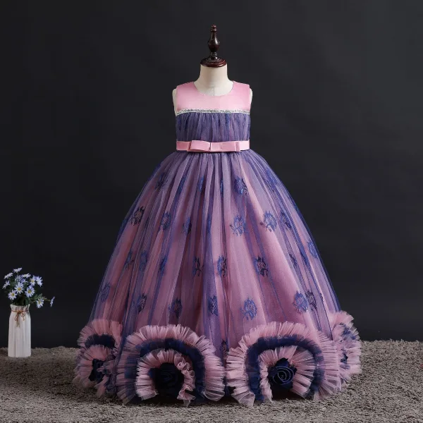 Lovely Blushing Pink Birthday Flower Girl Dresses 2023 Ball Gown Scoop Neck Sleeveless Bow Floor-Length / Long Flower Girl Dresses