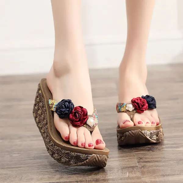 Fashion Black Street Wear Beach Summer Womens Sandals 2023 Appliques 7 cm Wedges Open / Peep Toe Sandals High Heels