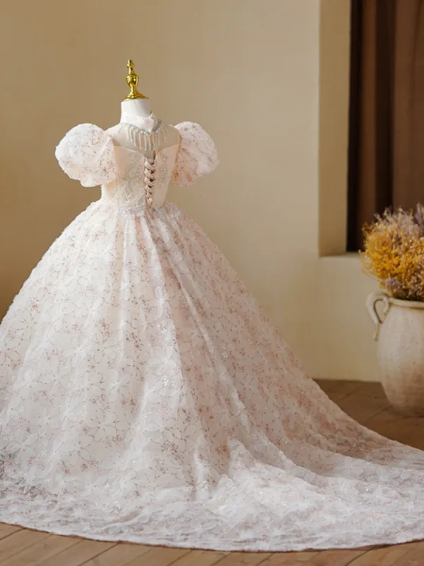 Lovely Champagne Sequins Beading Pearl Butterfly Birthday Flower Girl Dresses 2023 Ball Gown High Neck Puffy Short Sleeve Floor-Length / Long Flower Girl Dresses