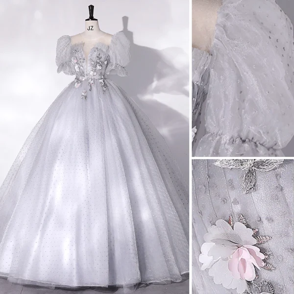 Chic / Beautiful Silver Grey Prom Dresses 2022 Ball Gown Scoop Neck Beading Lace Flower Appliques Short Sleeve Floor-Length / Long Formal Dresses