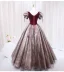 Elegant Burgundy Glitter Prom Dresses 2024 Ball Gown Square Neckline Puffy Short Sleeve Backless Floor-Length / Long Prom Formal Dresses