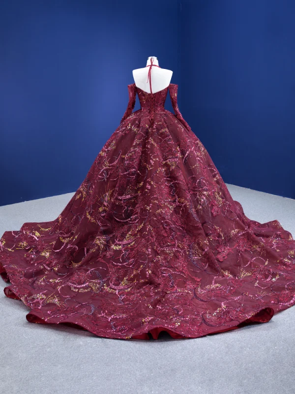 High-end Vintage / Retro Burgundy Handmade  Sequins Lace Flower Prom Dresses 2023 Ball Gown Halter 3/4 Sleeve Backless Chapel Train Formal Dresses