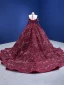 High-end Vintage / Retro Burgundy Handmade  Sequins Lace Flower Prom Dresses 2023 Ball Gown Halter 3/4 Sleeve Backless Chapel Train Formal Dresses
