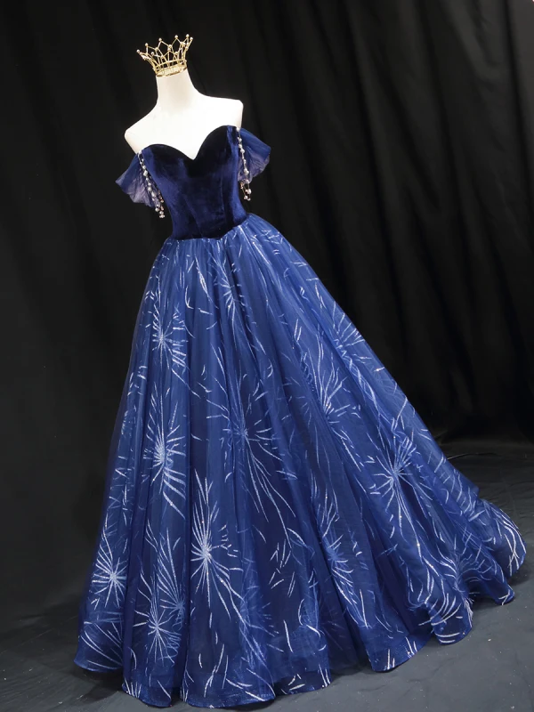 Mode Marineblau Glanz Wildleder Ballkleider 2022 A Linie Off Shoulder Perle Kurze Ärmel Rückenfreies Lange Festliche Kleider