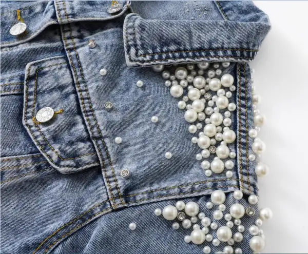 Women Beading Rhinestone Pearl Denim Sky Blue Coats & Jackets Cotton Loose Lapel Street Wear Fall Winter Long Sleeve Tops