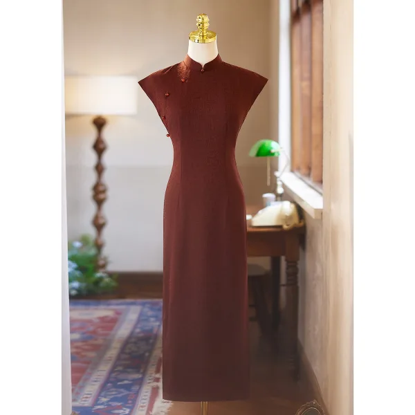Vintage Ciemnozielony Wieczorowe Cheongsam 2025 Syrena / Rozkloszowane Wysokiej Szyi Bez Rękawów Długie Cheongsam