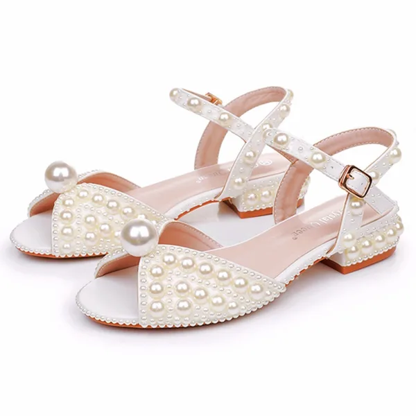 Élégant Blanche Perle Plate Chaussure De Mariée 2025 Peep Toes / Bout Ouvert Mariage Sandales