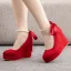 Chic / Beautiful Red Evening Party Pearl T-Strap Bow Womens Shoes 2023 10 cm Wedges Round Toe Womens Shoes