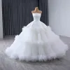 Fashion High-end White Cascading Ruffles Wedding Dresses 2024 Ball Gown Strapless Sleeveless Backless Floor-Length / Long Wedding