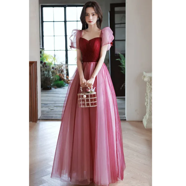 Chic / Beautiful Burgundy Prom Dresses 2022 A-Line / Princess Square Neckline Puffy Short Sleeve Backless Floor-Length / Long Formal Dresses