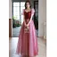 Chic / Beautiful Burgundy Prom Dresses 2022 A-Line / Princess Square Neckline Puffy Short Sleeve Backless Floor-Length / Long Formal Dresses