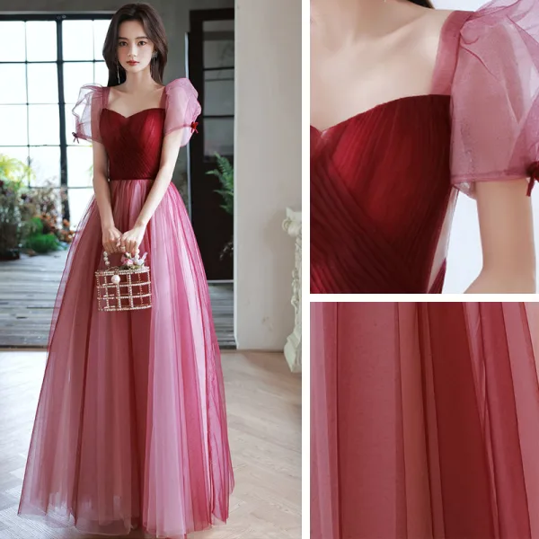 Chic / Beautiful Burgundy Prom Dresses 2022 A-Line / Princess Square Neckline Puffy Short Sleeve Backless Floor-Length / Long Formal Dresses