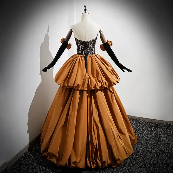 Chic / Beautiful Caramel Cascading Ruffles Prom Dresses 2022 A-Line / Princess Strapless Sleeveless Backless Floor-Length / Long Prom Formal Dresses
