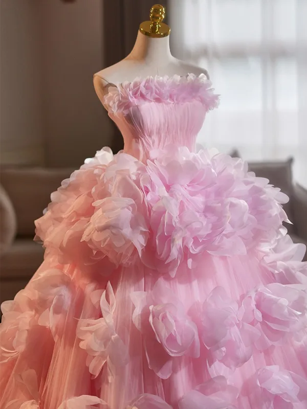 Flower Fairy Candy Pink Appliques Cascading Ruffles Prom Dresses 2025 Ball Gown Strapless Sleeveless Sweep Train Tulle Prom Formal Dresses