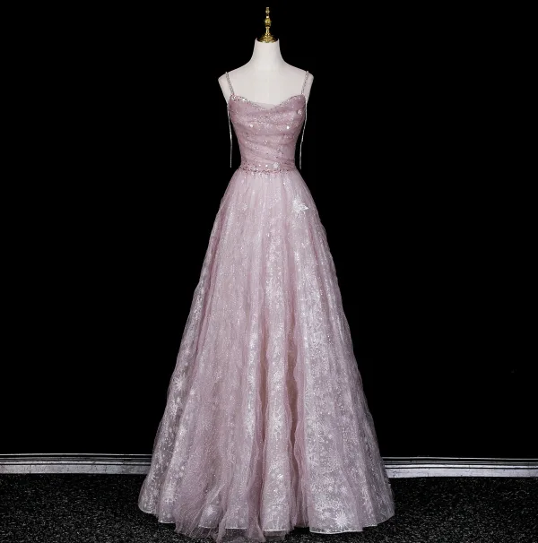 Charming Blushing Pink Beading Rhinestone Sequins Prom Dresses 2026 A-Line / Princess Off-The-Shoulder Short Sleeve Backless Floor-Length / Long Formal Dresses