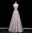 Charming Blushing Pink Beading Rhinestone Sequins Prom Dresses 2026 A-Line / Princess Off-The-Shoulder Short Sleeve Backless Floor-Length / Long Formal Dresses