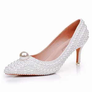 Classique Blanche Perle 7 Cm Talons Aiguilles Chaussure De Mariée 2025 À Bout Pointu Mariage Escarpins Talons Hauts