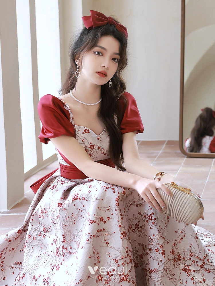 red floral graduation dress Red Velvet Tulle Long Prom Dress, Lovely A-Line Graduation Dress main image 1