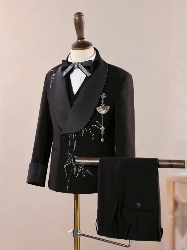 Chinese style Black Rhinestone 6-piece Long Sleeve Boys Wedding Suits 2025 Body Jewellery Coat Pants Shirt Tie Vest