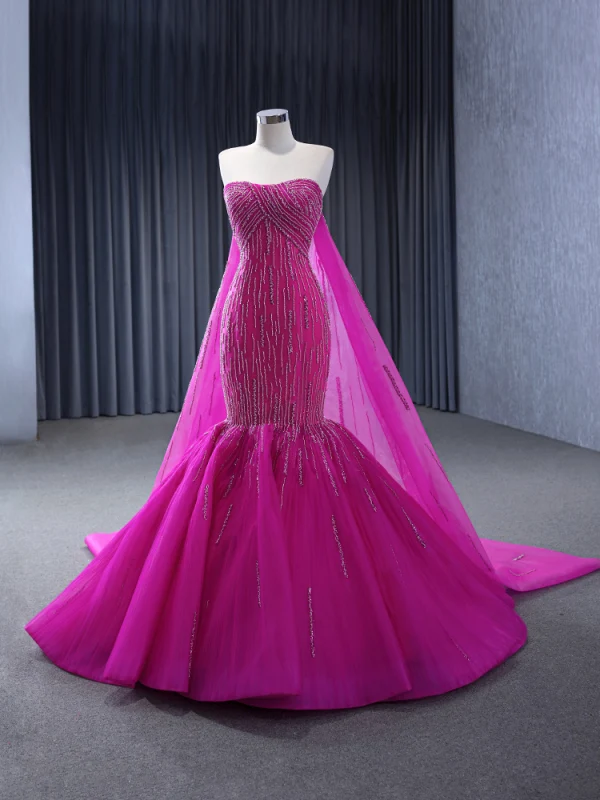 High-end Fuchsia Handmade  Beading Prom Dresses 2024 Trumpet / Mermaid Strapless Sleeveless Backless Court Train Prom Formal Dresses