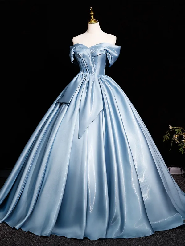 Elegant Sky Blue Satin Prom Dresses 2025 Ball Gown Off-The-Shoulder Short Sleeve Backless Floor-Length / Long Prom Formal Dresses