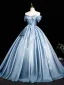 Elegant Sky Blue Satin Prom Dresses 2025 Ball Gown Off-The-Shoulder Short Sleeve Backless Floor-Length / Long Prom Formal Dresses