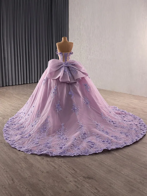 High-end Lilla Håndlavet Med Blonder Blomsten Perle Rhinestone Gallakjoler 2025 Balkjole Stropløs Ærmeløs Halterneck Sløjfe Cathedral Train