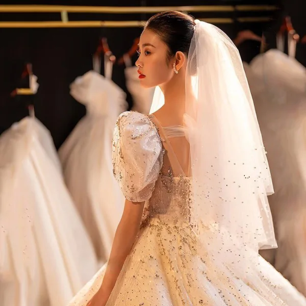 Luxury / Gorgeous Charming Beading Rhinestone Sequins White Wedding Dresses 2023 Ball Gown Scoop Neck Short Sleeve Backless Bow Royal Train Wedding