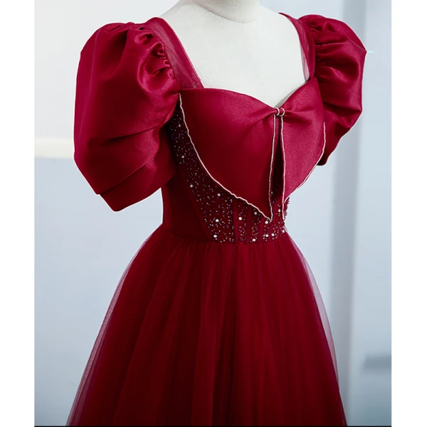 Elegant Burgundy Prom Dresses 2022 A-Line / Princess Square Neckline Puffy Short Sleeve Bow Pearl Floor-Length / Long Formal Dresses