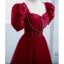 Elegant Burgundy Prom Dresses 2022 A-Line / Princess Square Neckline Puffy Short Sleeve Bow Pearl Floor-Length / Long Formal Dresses