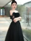 Sexy Black Beading Evening Dresses 2024 A-Line / Princess Off-The-Shoulder Sleeveless Backless Floor-Length / Long Evening Party Formal Dresses